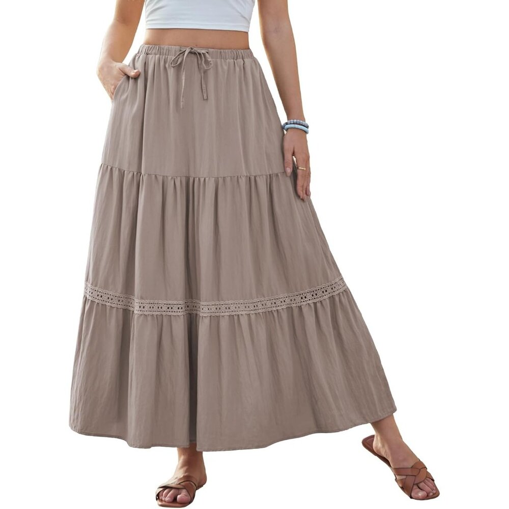 Chic A-Line Boho Lace Trim Maxi Skirt With Pockets - Ideal For Every Occasion
